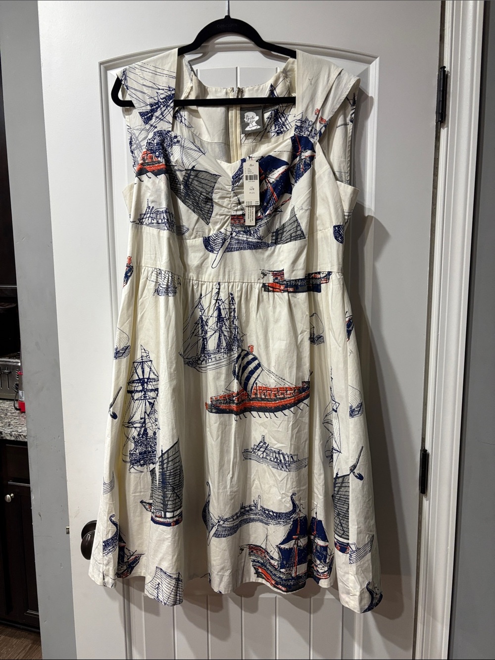 Anthropologie Plus Fit-and-Flare Midi Dress in Cream with Sailboat Print
